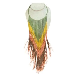 Handmade Multicolor Layered Chevron Beaded Tribal Fringe Collar Necklace